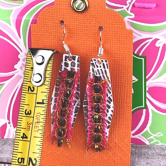 Earrings Faux leather, Dangle Metalic Earrings - Picture 3 of 7